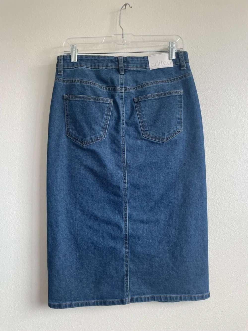 Edited x Hunter McGrady Denim Midi Skirt High Rise Front Slit Stretch Blue - 2